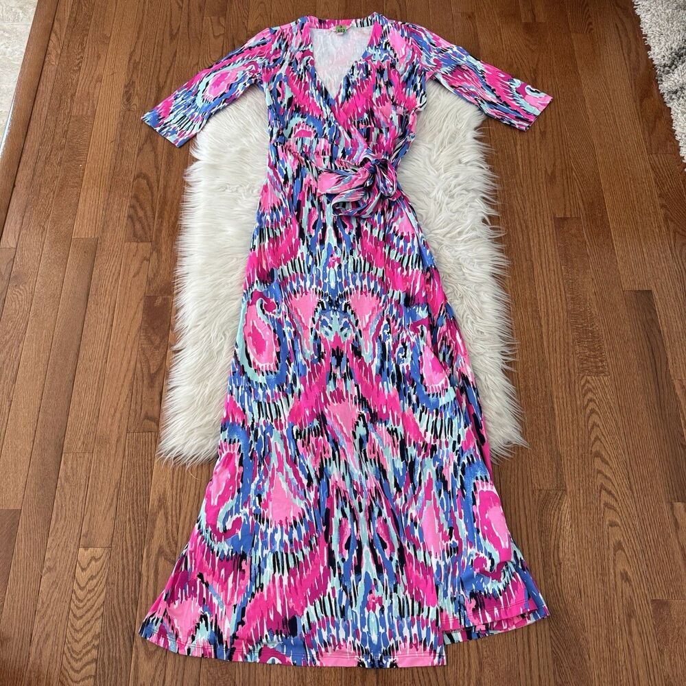 Lilly Pulitzer Pink Blue Printed Maxi Wrap Dress